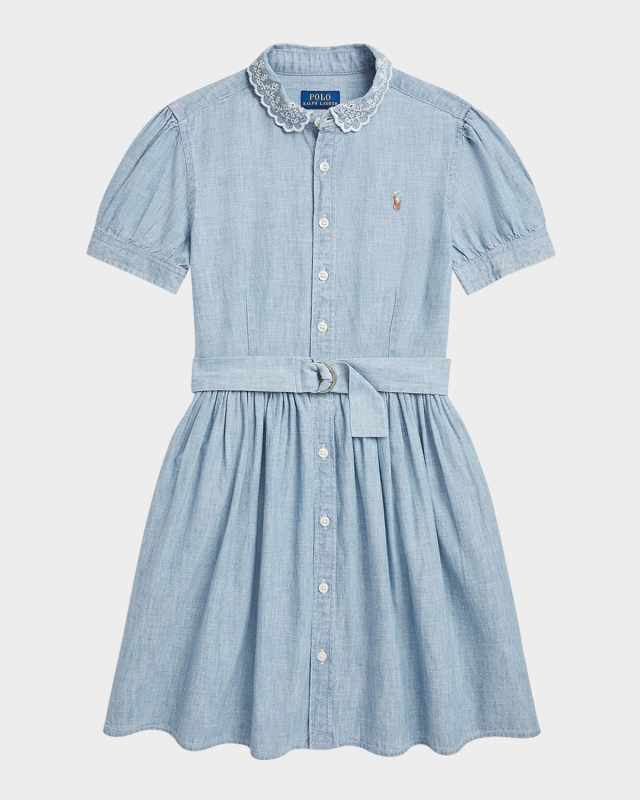 Girl's Chambray Eyelet Embroidered Dress, Size 7-14